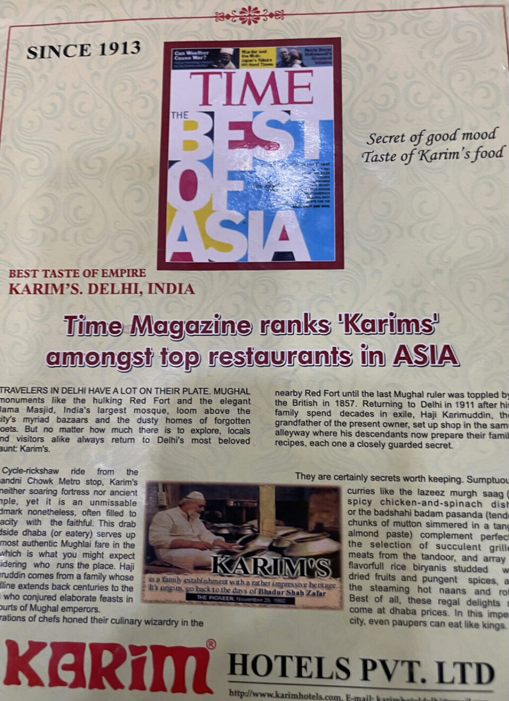 News articile of Karim's Delhi India Time Magazine.